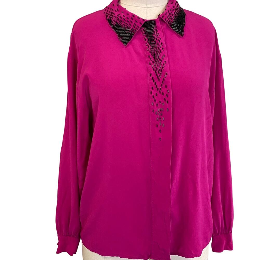 Suzelle Vintage Silk 100% Hot Pink Long Sleeve Blouse